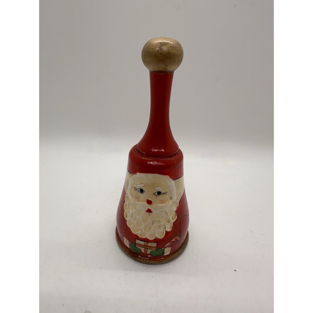 Vintage Hand‎ Painted Wooden Santa Christmas Bell Red White Holiday Decor 5"